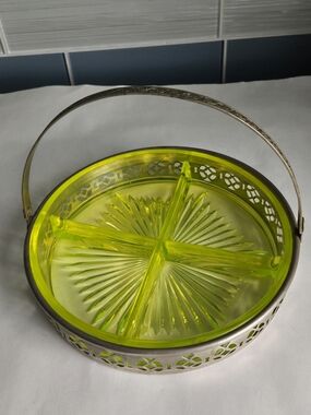 Vintage Yellow Vaseline Uranium Divided Glass Server with Metal Basket